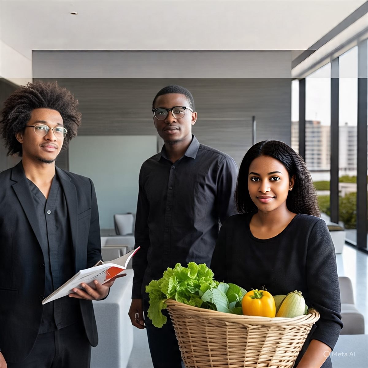 Three young people with a basket of fresh produce and a training manual